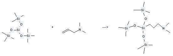 Trisiloxane,1,1,1,5,5,5-hexamethyl-3-[(trimethylsilyl)oxy]- can react with Allyl-dimethyl-amine to get N,N-2-methyl-3-{3,3,3-trimethyl-1,1-bis[(trimethylsilyl)oxy]disiloxanyl}propane-1-amine